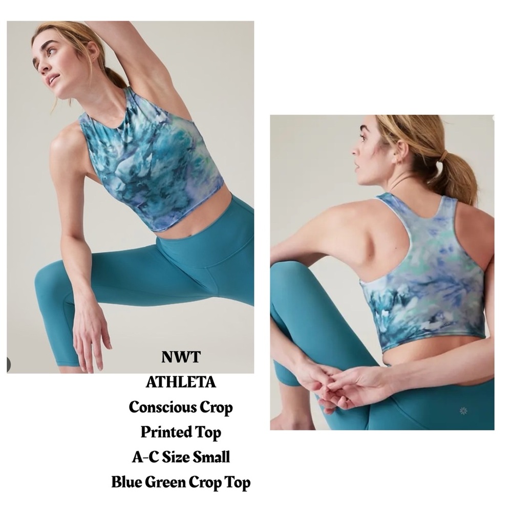 Athleta Conscious Crop Top Built in‎ Bra S Solarize Chrome Blue Green Racerback